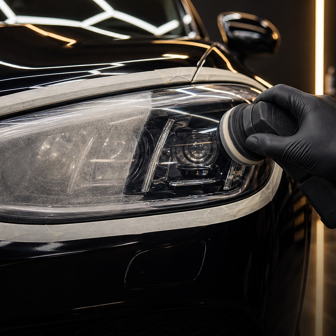 Recondiționarea unui far auto, mascat și polișat în atelier