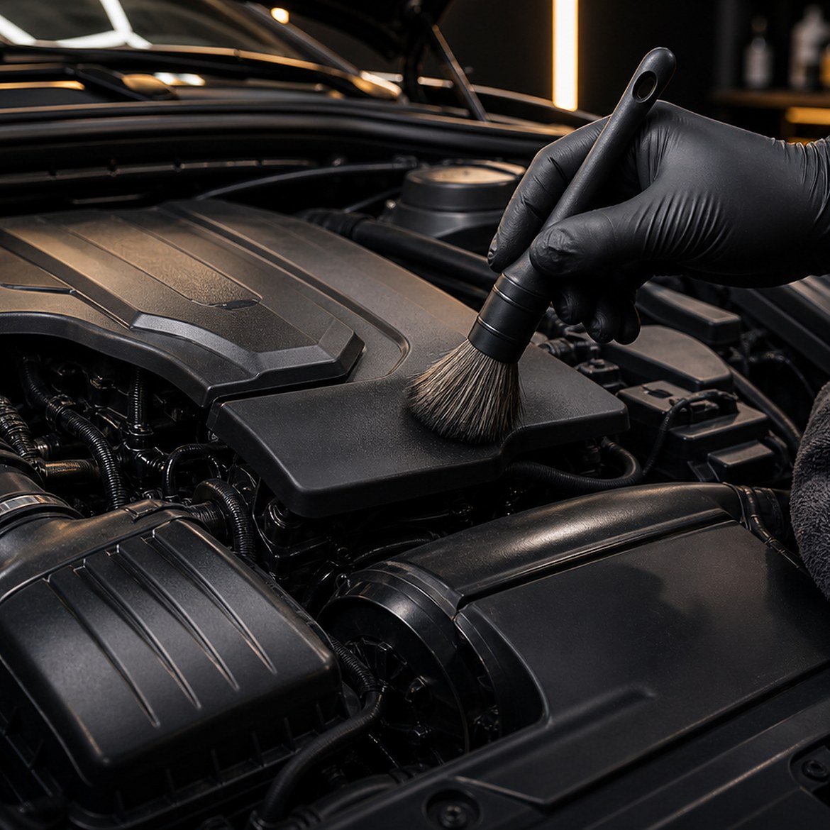 Compartiment motor curățat cu pensula în atelier