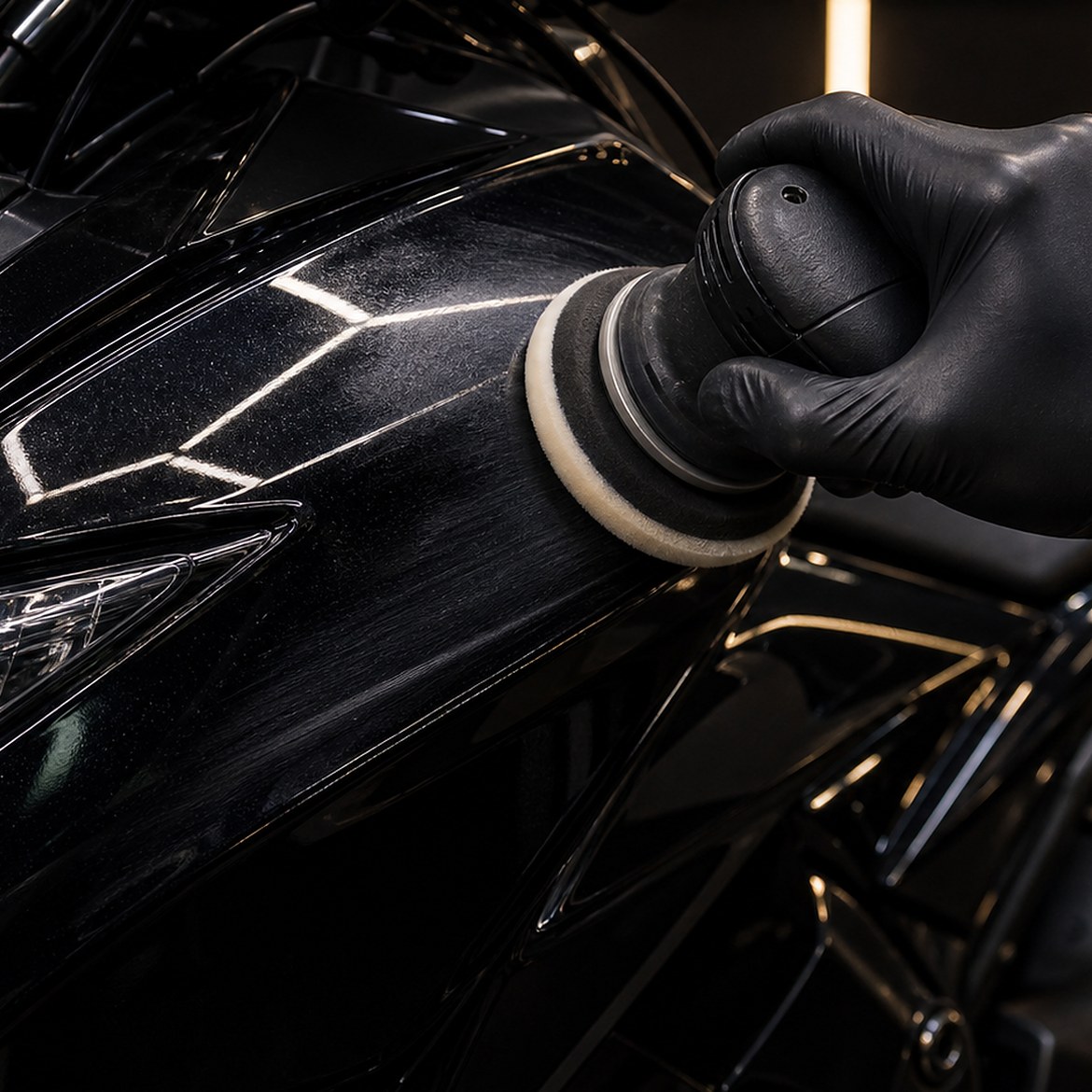 Polish pe carena unei motociclete negre în atelier